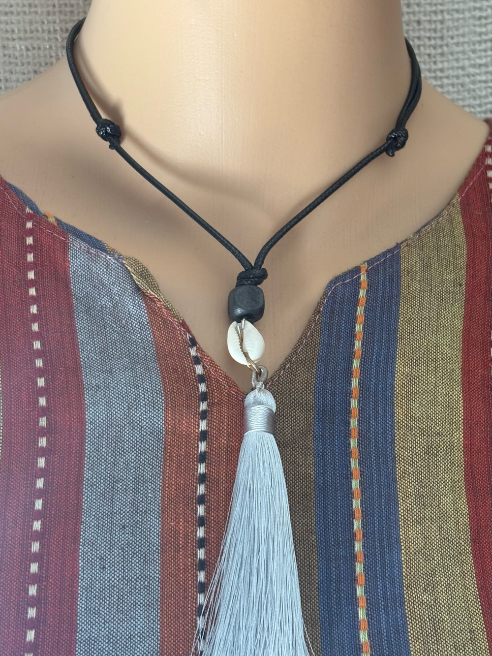 Boho Black Cord Necklace with White Tassel and Shell Pendant